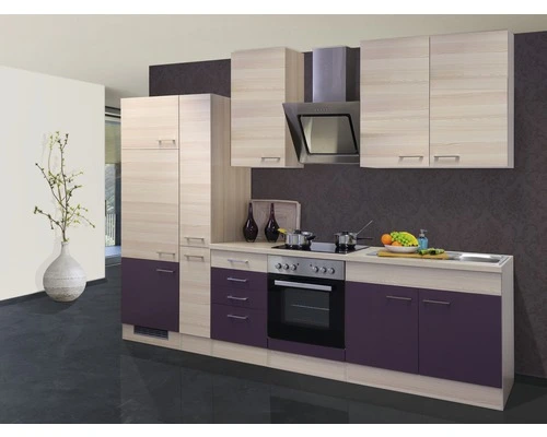 Flex-Well FLEX WELL Keukenblok Met Apparatuur Focus Acacia En Aubergine Mat 300x60 Cm