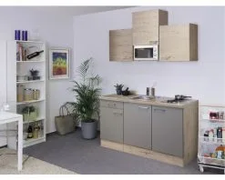 Flex-Well FLEX WELL Minikeuken Met Apparatuur Riva Kwartsiet Cubaniet En San Remo Eiken Licht Mat 150,5x60 Cm