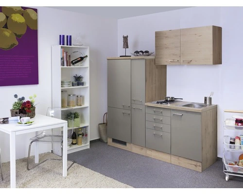 Flex-Well FLEX WELL Minikeuken Met Apparatuur Riva Kwartsiet Cubaniet En San Remo Eiken Licht Mat 190x60 Cm