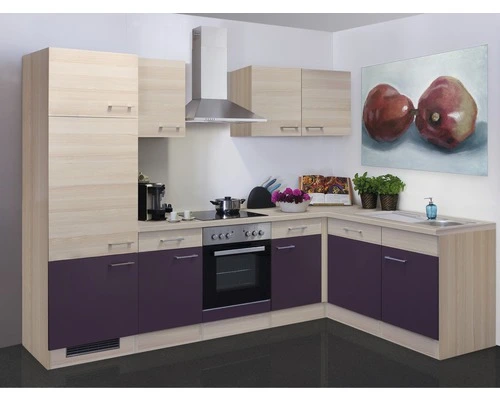 Flex-Well FLEX WELL Hoekkeuken Met Apparatuur Focus Acacia En Aubergine Mat 280x170 Cm