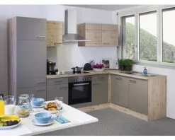 Flex-Well FLEX WELL Hoekkeuken Met Apparatuur Riva Kwartsiet Cubaniet En San Remo Eiken Licht Mat 280x170 Cm